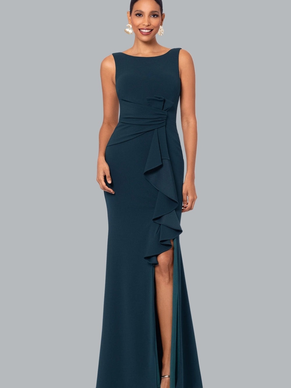 Betsy & Adam Green Sleeveless Ruffled Gown with Side Slit